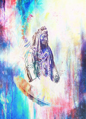 Poster - drawing of native american indian foreman Sitting Bull - Totanka Yotanka according historic photography, with beautiful feather headdress.
