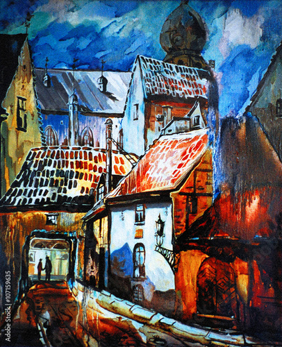 Nowoczesny obraz na płótnie landscape with rain in city riga latvia, oil on canvas, illustra