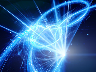 Wall Mural - blue glowing interstellar trajectories in space with light sourc