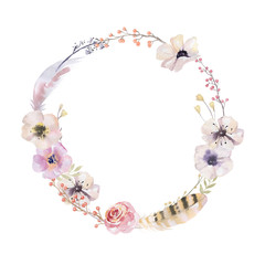 Watercolor floral wreath. Watercolour natural frame: leaves, fea