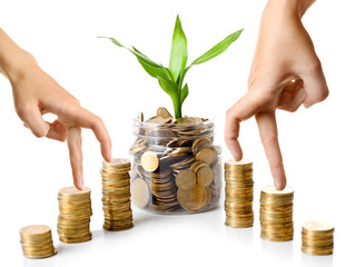 Poster - Financial success concept. Female fingers going up of coins, isolated on white