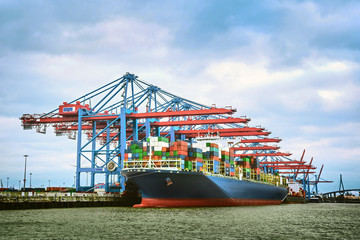 Container ship at terminal in Hamburg