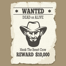 Wanted Dead Or Alive Poster. Vintage Western Wanted Poster With Cowboy Face. Vector Illustration