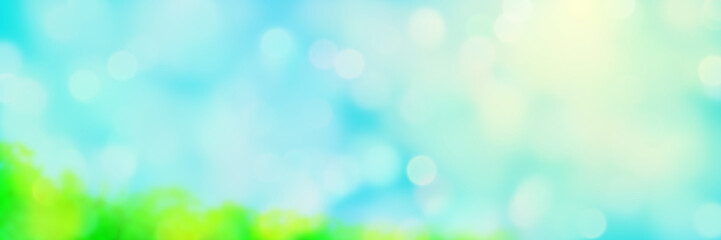 Wall Mural - soft sunlit background in white, green and blue with bright bokeh effects