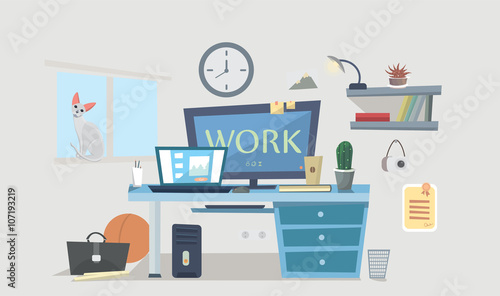 Work Place Designer Work Space Desk With Computer Lamp