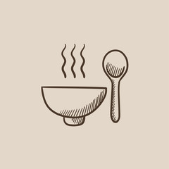 Sticker - Bowl of hot soup with spoon sketch icon.