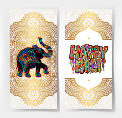 original Happy Holi design with elephant on floral indian backgr