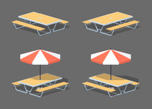 Cafe Table With Sun Umbrella. 3D Lowpoly Isometric Vector Illustration. The Set Of Objects Isolated Against The Grey Background And Shown From Two Sides