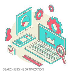 Wall Mural - Isometric design modern  illustration concept of website analytics and SEO data analysis using modern electronic and mobile devices
