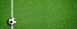 Leinwandbild Motiv Fußball auf grünem Rasen mit Makierung