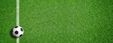 Fototapeta Zachód słońca - Fußball auf grünem Rasen mit Makierung