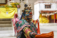 An Unidentified Buddhist Lamas Dressed In Mystical Mask Dancing Tsam Mystery Dance In Time Of Yuru Kabgyat Buddhist Festival At Lamayuru Gompa, Ladakh, North India