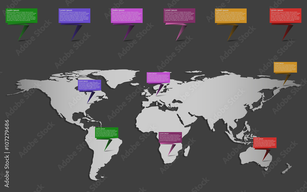 World map infographic with set of ribbons or pointers. Infographics ...