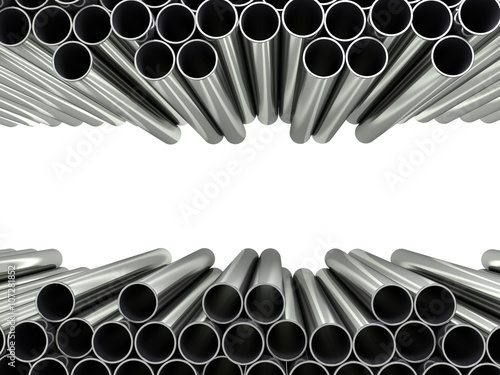 Fotografía 3d render of metal pipes stacked in pile isolated on white as a