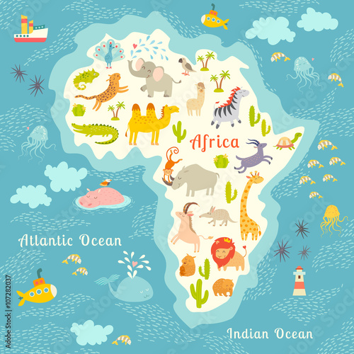 Animals world map, Africa. Beautiful cheerful colorful vector illustration for children and kids. With the inscription of the oceans and continents. Preschool, baby, continents, oceans, drawn, Earth Stock Vector | Adobe Stock