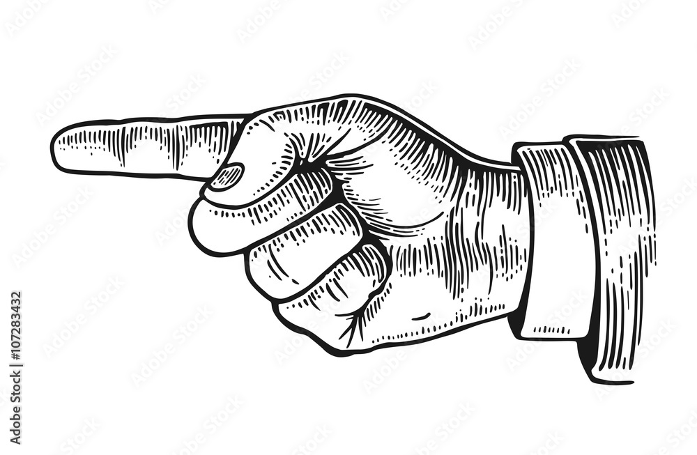 Pointing finger.  Vector black vintage engraved illustration isolated on a white background. Hand sign for web, poster, info graphic - obrazy, fototapety, plakaty 