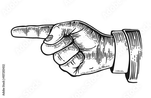 Pointing finger. Vector black vintage engraved illustration isolated on
