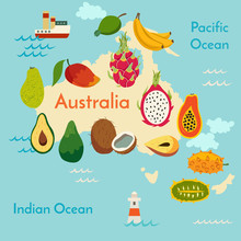 Fruit World Map, Australia. Vector Illustration, Preschool, Baby, Continents, Oceans, Drawn, Earth.