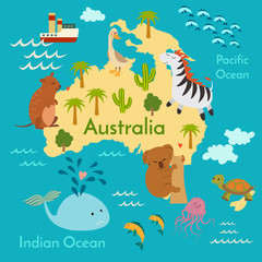 Wall Mural - Animals world map, Australia. Vector illustration, preschool, baby, continents, oceans, drawn, Earth.