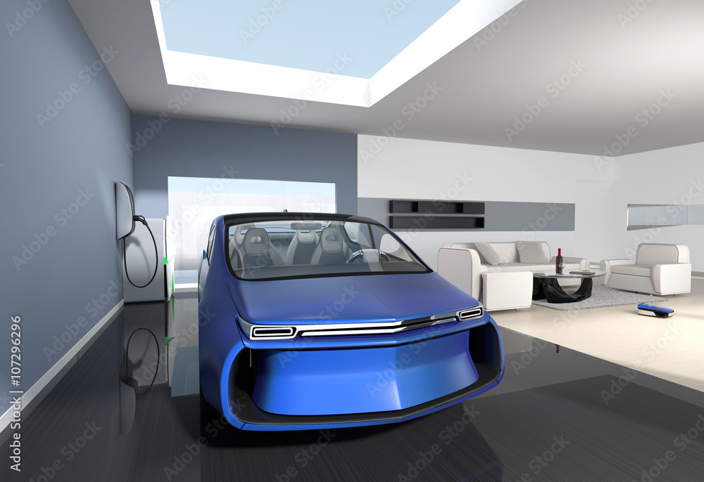 Blue electric car park into modern garage. The garage connect with ...