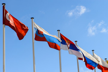 a number of flags of states against the blue sky