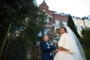 beautiful happy stylish bride and elegant groom on the backgroun