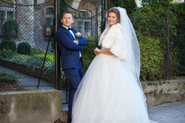 beautiful happy stylish bride and elegant groom on the backgroun