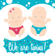 Happy twins. Boy and girl. Colorful card with text.