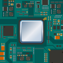 electric circuit board, various IC chips and electronic components, vector illustration