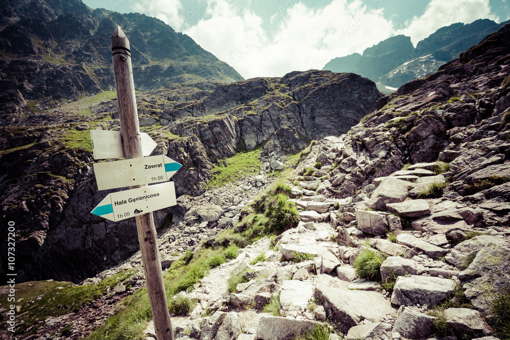 Direction sign on mountain trail, High Tatras, Poland - obrazy, fototapety, plakaty 