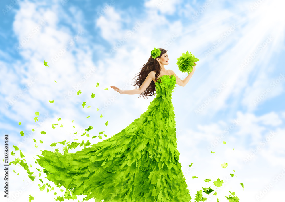 Woman Green Leaves Dress, Nature Fashion Beauty Girl Leaf Gown Stock Photo  | Adobe Stock