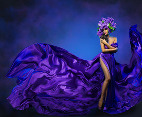 Woman Flower Dress Flying Fabric, Beauty Fashion Model, Lilac Hair