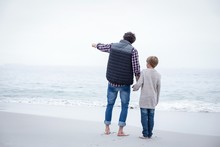 Father Pointing While Standing With Son At Sea Shore