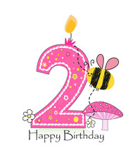 Happy Second Birthday Candle. Baby Girl Greeting Card With Bee And Daisy Vector Background