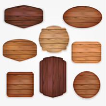 Wooden  Stickers Label Collection. Set Of Various Shapes Wooden Sign Boards  For Sale,price And Discount Stickers, Banners, Badges,placards And Billboards. Vector Illustration.