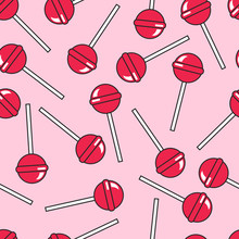 Vector Pink Lollipops Seamless Pattern. Cartoon Retro Red Sweet Candy Pattern. Lollipop On Pink Background.