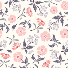 Vector Seamless Pattern With Pink And Purple Flowers And Leaves On A White Background.