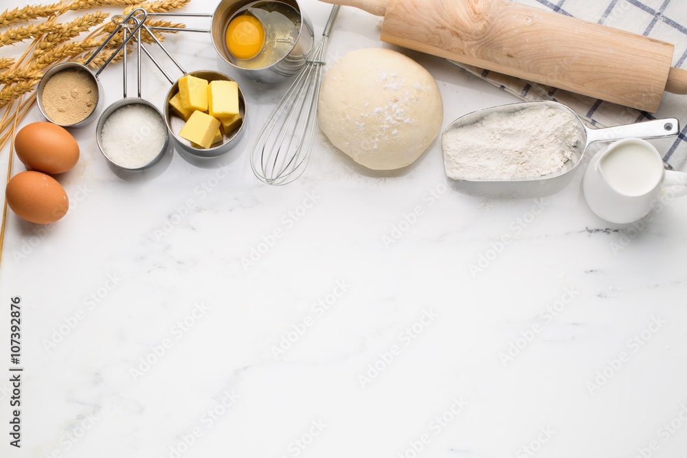 Baking cake with dough recipe ingredients - obrazy, fototapety, plakaty 