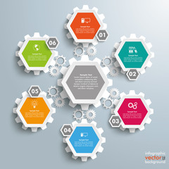 Wall Mural - 6 colored hexagons background halftone cylce gears