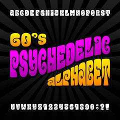 Wall Mural - Psychedelic alphabet vector font. Hand drawn letters and numbers in 60's hippy style. Stock vector typeset for your design.