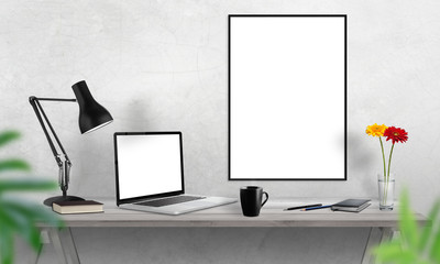 Poster - Laptop and poster frame on office desk. Coffee, cactus, notebook, lamp on table.