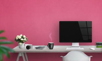 Aufkleber - Computer with blank screen on office desk. Free space on wall for text. Pink wall in background.