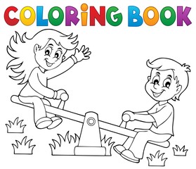 Canvas Print - Coloring book children on seesaw theme 1