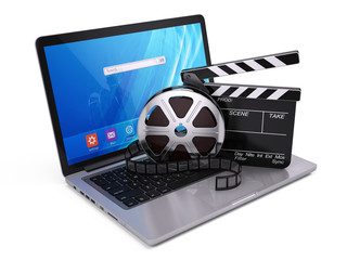 Wall Mural - Laptop, Film and Clapper board - video icon. 3d rendering