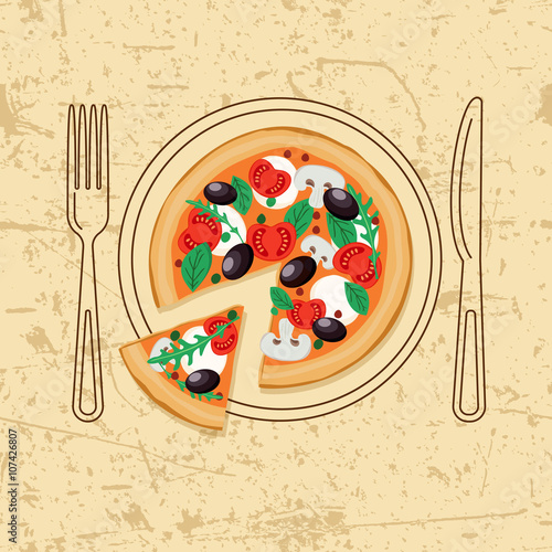 Board z aluminiowym obramowaniem Plastry pizza i linia danie, widelec i nóż na teksturowanej tło grunge. 