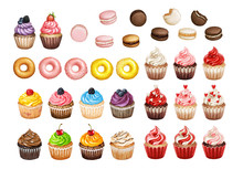 Bakery And Pastry Products Icons Set With Various Sorts Of Cupcakes, Doughnuts And Macarons For Bakery Shop Or Food Design On White Isolated Background