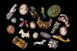 Antique and vintage jewelry collection isolated on a black background