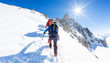 © rcaucino - Mountaineers climb a snowy peak. In background the famous peak Dent du Geant in the Mont Blanc Massif, the highest european mountain. The Alps, Chamonix, France, Europe.