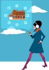 Wall Mural - Young woman checking a home security system on her smart-phone, EPS 8 vector illustration, no transparencies