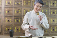 Senior Chinese Doctor Checking Medicinal Herbs